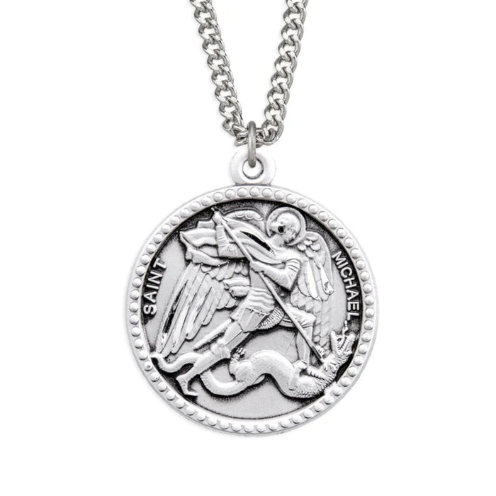 St Michael Medal Round Sterling Silver on 24" Chain