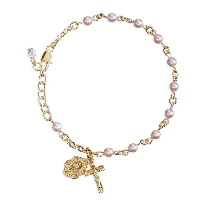 Child Rosary Bracelet 4mm Pink Imitation Pearl Gold Plated