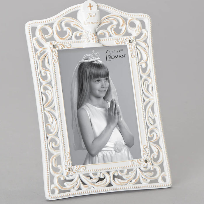 First Communion 4" x 6" Frame in White Filigree with Chalice