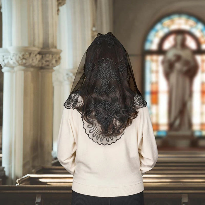 Black Ornate Floral Chapel Veil