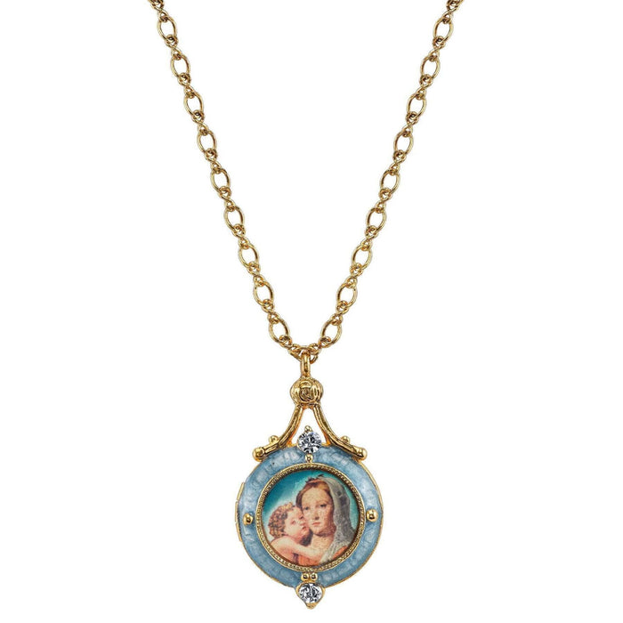 Enamel Madonna and Child Locket Necklace 18"
