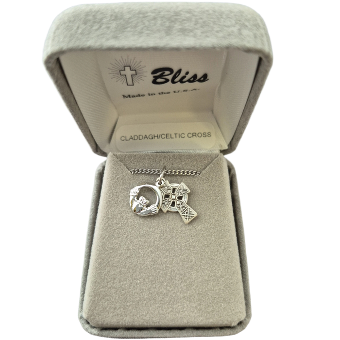 Celtic Cross and Claddagh Sterling Silver Medals on 18" Chain