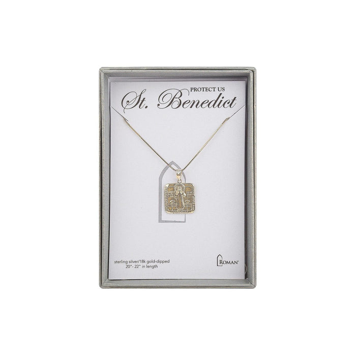 St. Benedict 18k Gold Pendant Necklace with Box Chain
