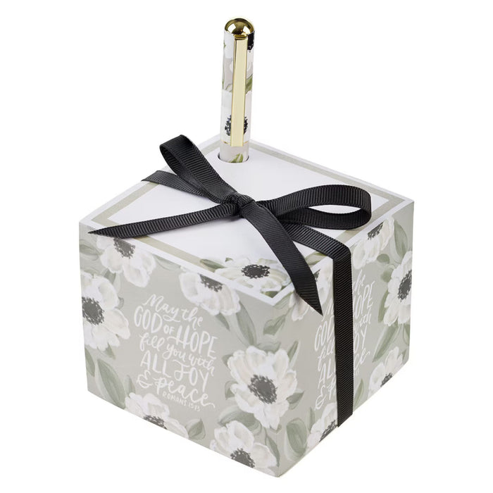 Joy and Peace Monochromatic Floral Note Block with Pen Set
