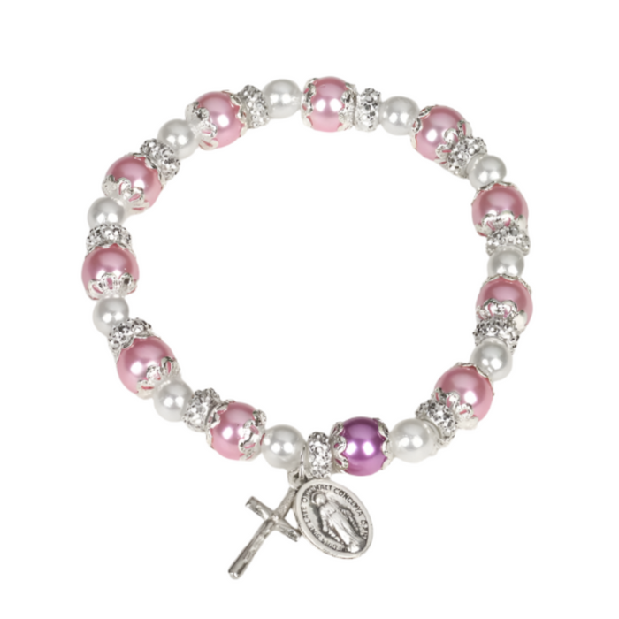 BRACELET - PINK PEARLS - MIRACULOUS AND CRUCIFIX