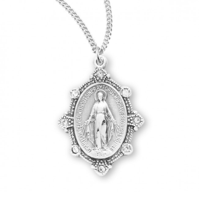 MIRACULOUS MEDAL - 1" SS OVAL 8 AUSTRIAN CRYSTALS - 18" CHAIN