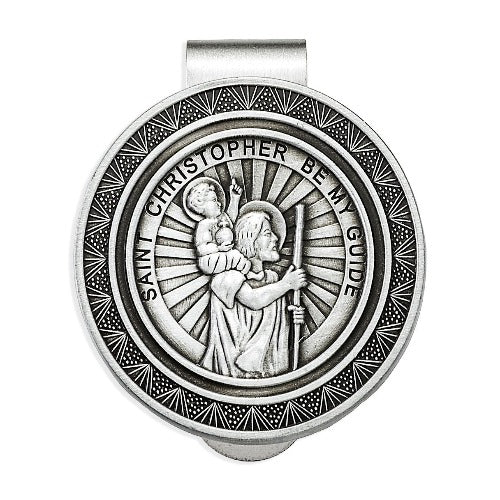 VISOR CLIP - ST CHRISTOPHER WITH DETAILED FRAME - PEWTER