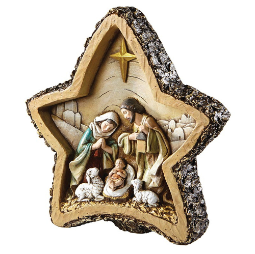 NATIVITY SCENE - WOODGRAIN STAR - 8" RESIN