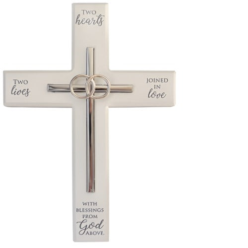 WEDDING CROSS - WHITE WITH METAL INLAY AND RINGS