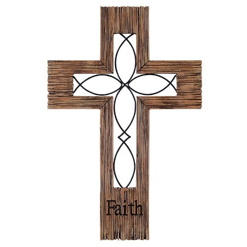 Wall Cross 12" Wood 'Faith' and Ichthys