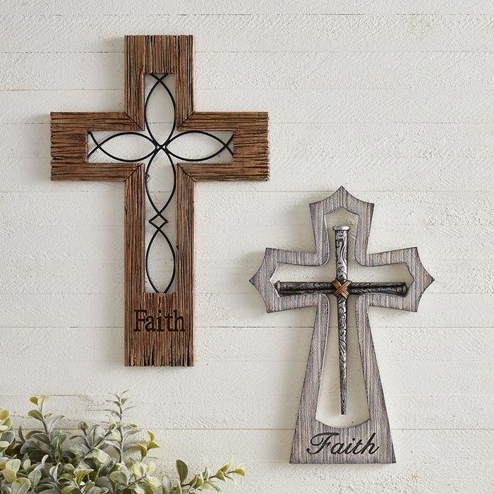 Wall Cross 12" Wood 'Faith' and Ichthys