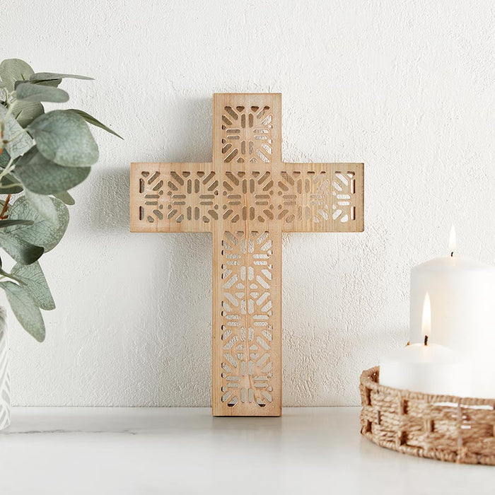 Wall Cross 10" Wood Floral Rattan