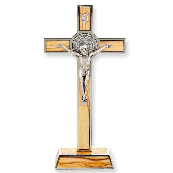 St Benedict Standing Crucifix 7.75"  Wood with Silver Trim