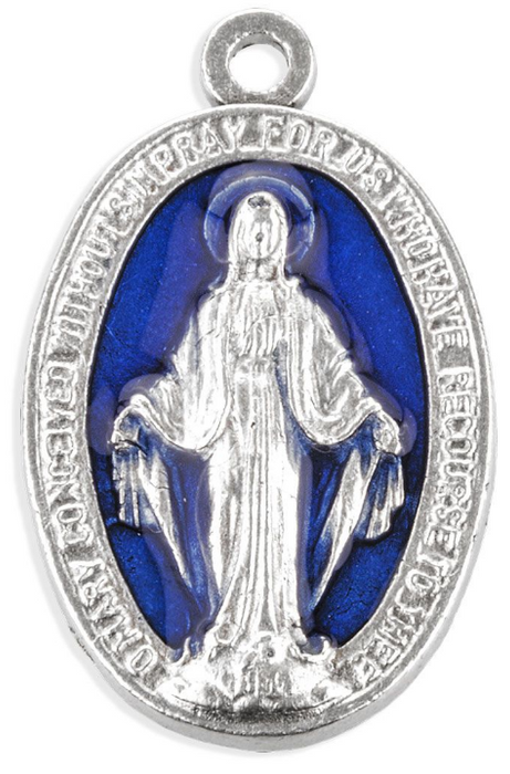 Miraculous Medal in Silver Finish with Blue Epoxy 9/16"