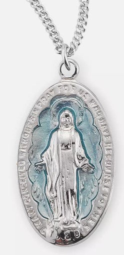 MIRACULOUS MEDAL -.935" SS -LIGHT BLUE ENAMEL - 18" CHAIN