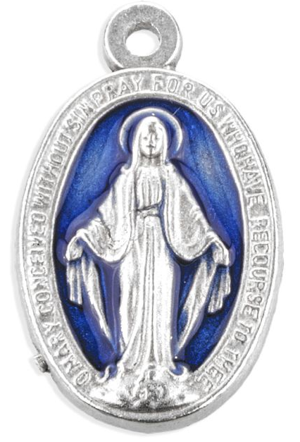 Miraculous Medal in Silver Finish with Blue Epoxy 13/16"