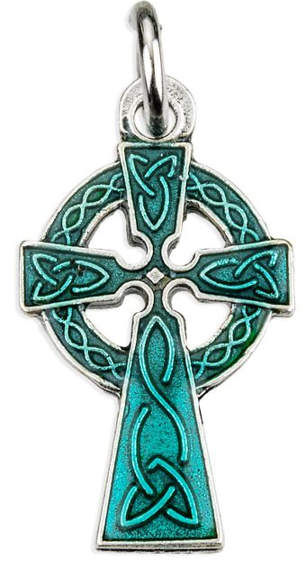 Celtic Cross Green Epoxied 7/8"  Silver Oxidized