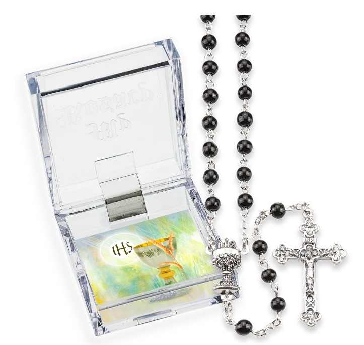 First Communion Rosary 5mm Black Glass Beads Gift Box