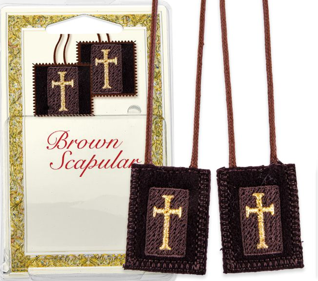 Scapular Genuine Brown Wool with Latin Crosses Boxed