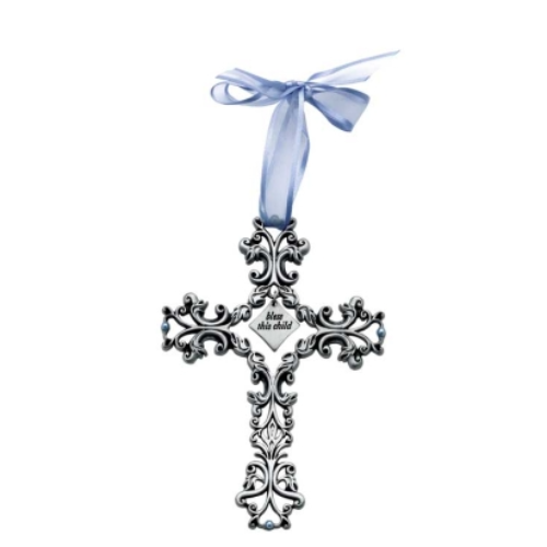 Baptism "Bless This Child" Cross Filigree design with Blue Ribbon