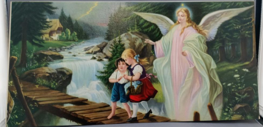 Vintage Frameable print on  Artboard Lindberg "Guardian Angel and Children" 15"x7 1/2"