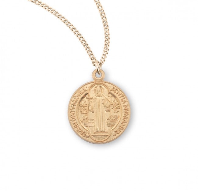 ST BENEDICT MEDAL 0.6" ROUND GOLD OVER STERLING 18" CHAIN