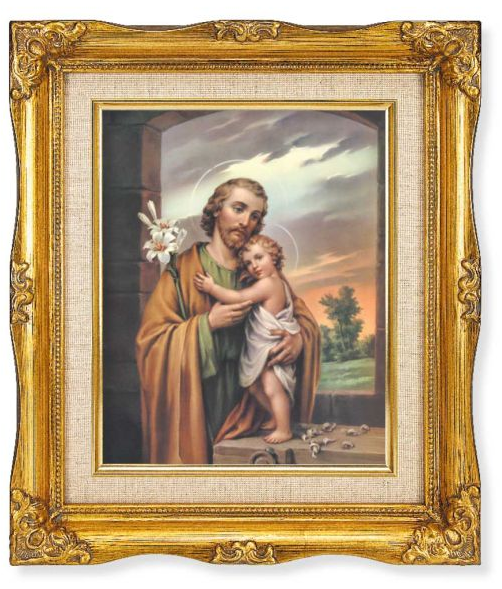 St Joseph with Inner Linen Border in 12" x 14" Antique Gold Frame