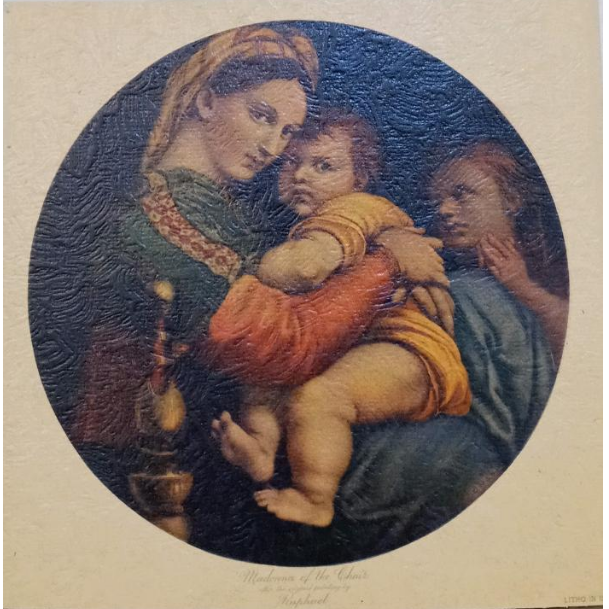 Vintage Frameable print on Artboard Raffaello Sanzio "Madonna Della Sedia" 6 7/8"x6 7/8"