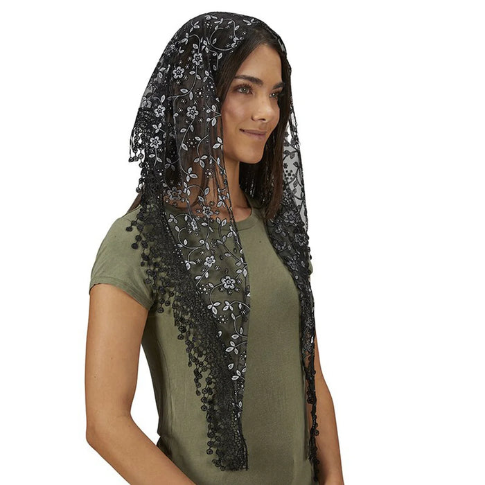 CHAPEL VEIL - BLACK AND WHITE FLORAL LACE - TASSELS