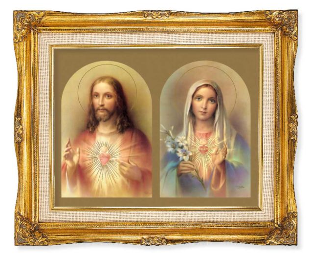 Sacred Hearts with Inner Linen Border in 15" x 18" Antique Gold Frame