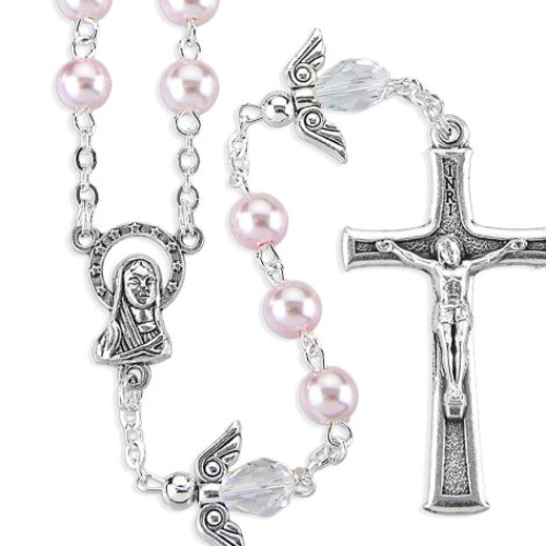 Rosary with Angel Our Fathers and 6mm Pink Pearlized Glass Bead