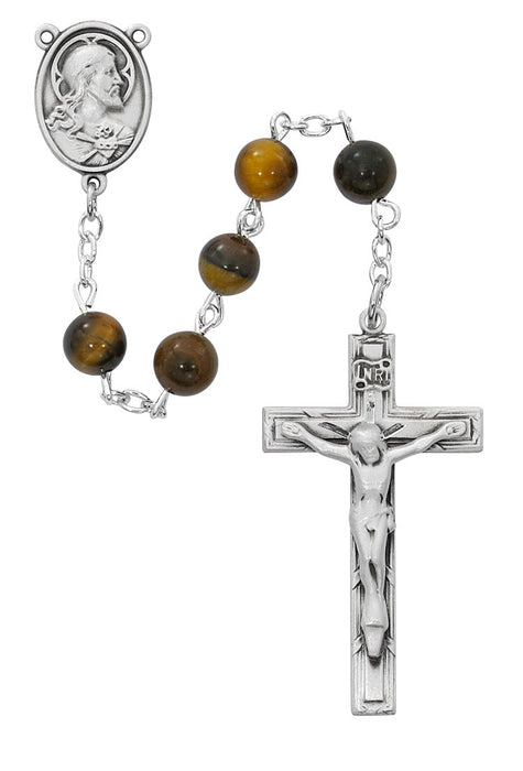 ROSARY - 6MM TIGER EYE BEADS - PEWTER SACRED HEART CENTER