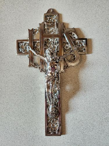 WALL CRUCIFIX - VINTAGE IHS - 9.5" SILVER TONE METAL