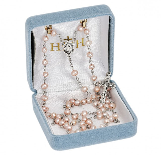 Rosary 4mm Rose Pearl Beads with Sterling Crucifix and Center