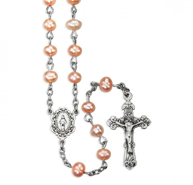 Rosary 4mm Rose Pearl Beads with Sterling Crucifix and Center