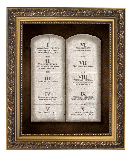 Ten Commandments on Stone Tablets Print in Ornate Gold Tone Frame