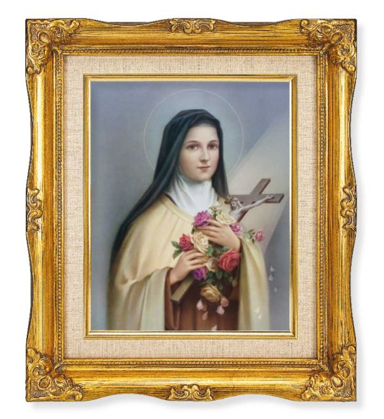 St Therese with Inner Linen Border in 12" x 14" Antique Gold Frame