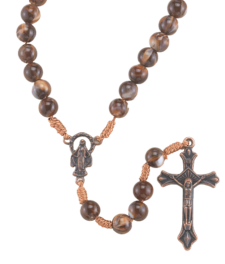 ROSARY - MARBLEIZED 7MM DARK BROWN BEADS - ANTIQUE COPPER CRUCIFIX