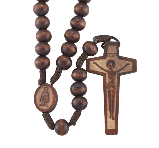 ROSARY - 8MM DARK BROWN CORD - WOOD CRUCIFIX