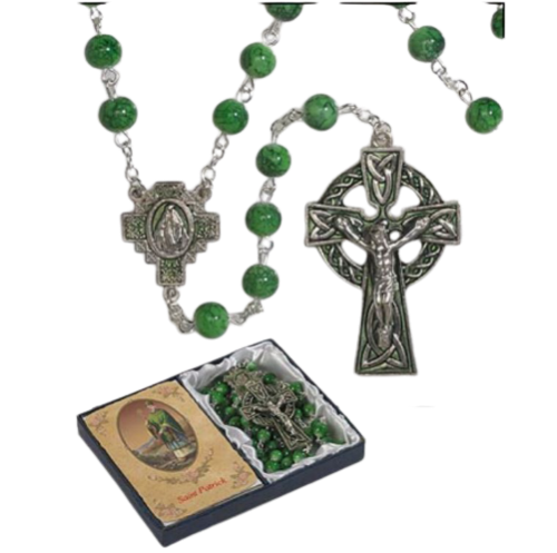 Rosary - Irish - 7mm Green Marble - Celtic Crucifix