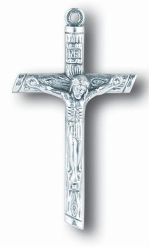 CRUCIFIX MEDAL - 1.625" LOG STYLE SILVERTONE BARS