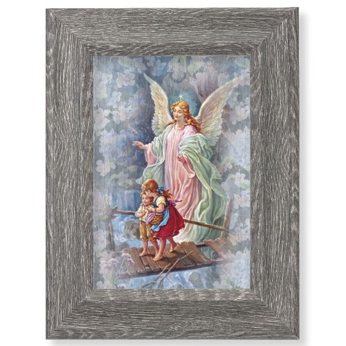 Guardian Angel in Gray Wood Frame