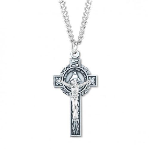 MIRACULOUS MEDAL CRUCIFIX PENDANT - STERLING SILVER - 1.6"H