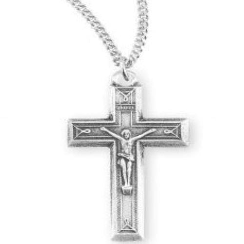 CRUCIFIX - ENGRAVED STERLING SILVER - 24" RHODIUM CHAIN