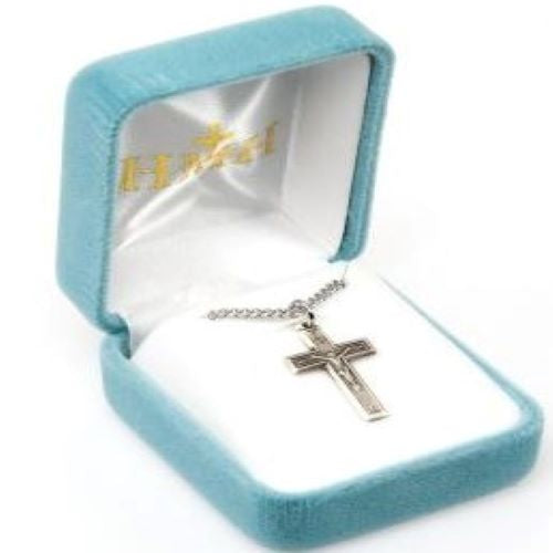 CRUCIFIX - ENGRAVED STERLING SILVER - 24" RHODIUM CHAIN