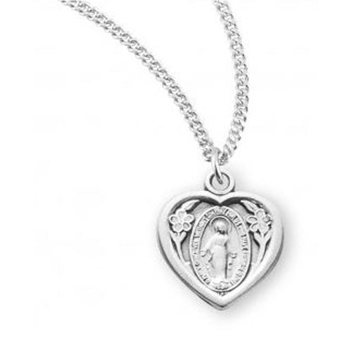 MIRACULOUS MEDAL IN HEART - STERLING SLIVER - 18" CHAIN