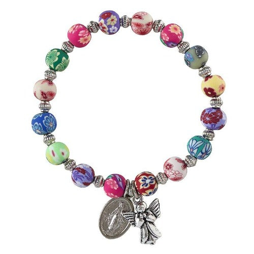 BRACELET - FLOWER PRINT BEADS - MIRACULOUS MEDAL and ANGEL MEDALS