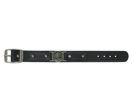 Men's Black Leather Buckle Bracelet with St Michael Medal