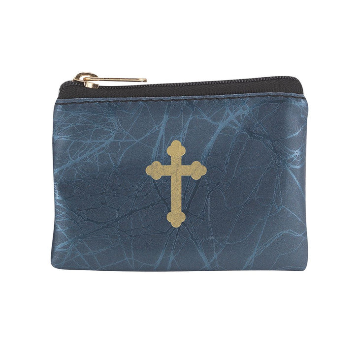 ROSARY CASE - BLUE VEINED PATENT LEATHERETTE - GOLD CROSS