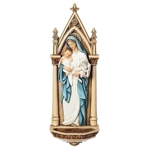 HOLY WATER FONT - MADONNA, CHILD AND LAMB - 7.75" GOLD ARCH RESIN